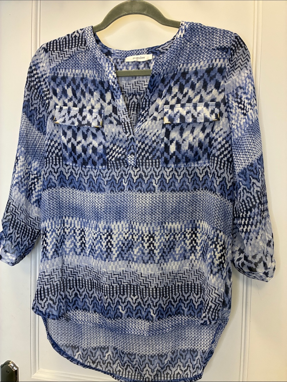 Mandee Blue Geometric Printed Sheer High Low Blouse S TSTOP13